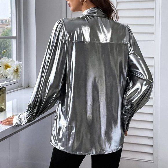 Silver Womens Tie Neck Bishop Sleeve Metallic Blouse - Picture 4 of 4